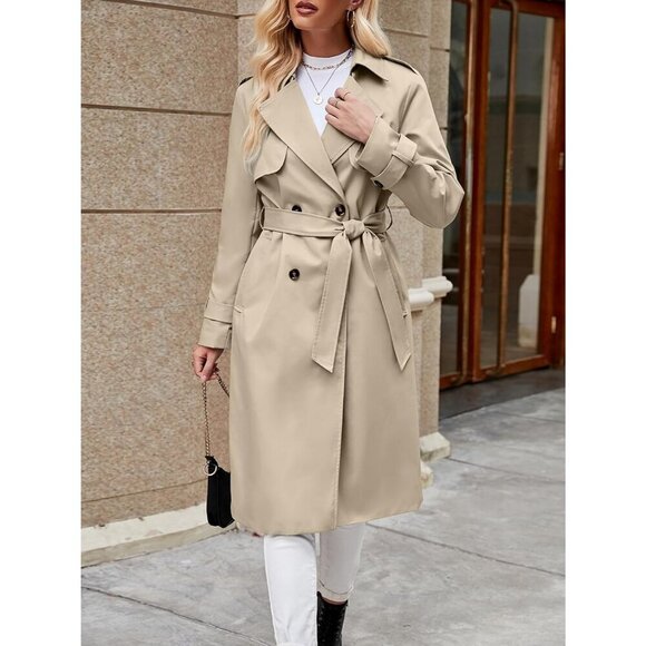 Women's Khaki Double-Breasted Trench Coat, Casual Windproof Overcoat with Belt - Picture 3 of 5